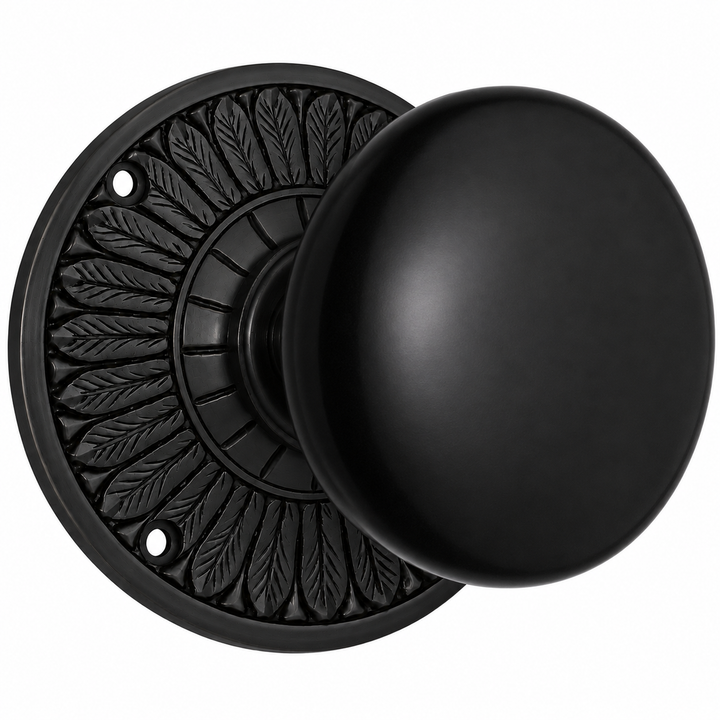 Feather Rosette Door Set with Black Porcelain Door Knobs (Several Finishes Available)
