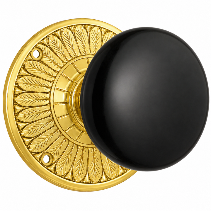 Feather Rosette Door Set with Black Porcelain Door Knobs (Several Finishes Available)