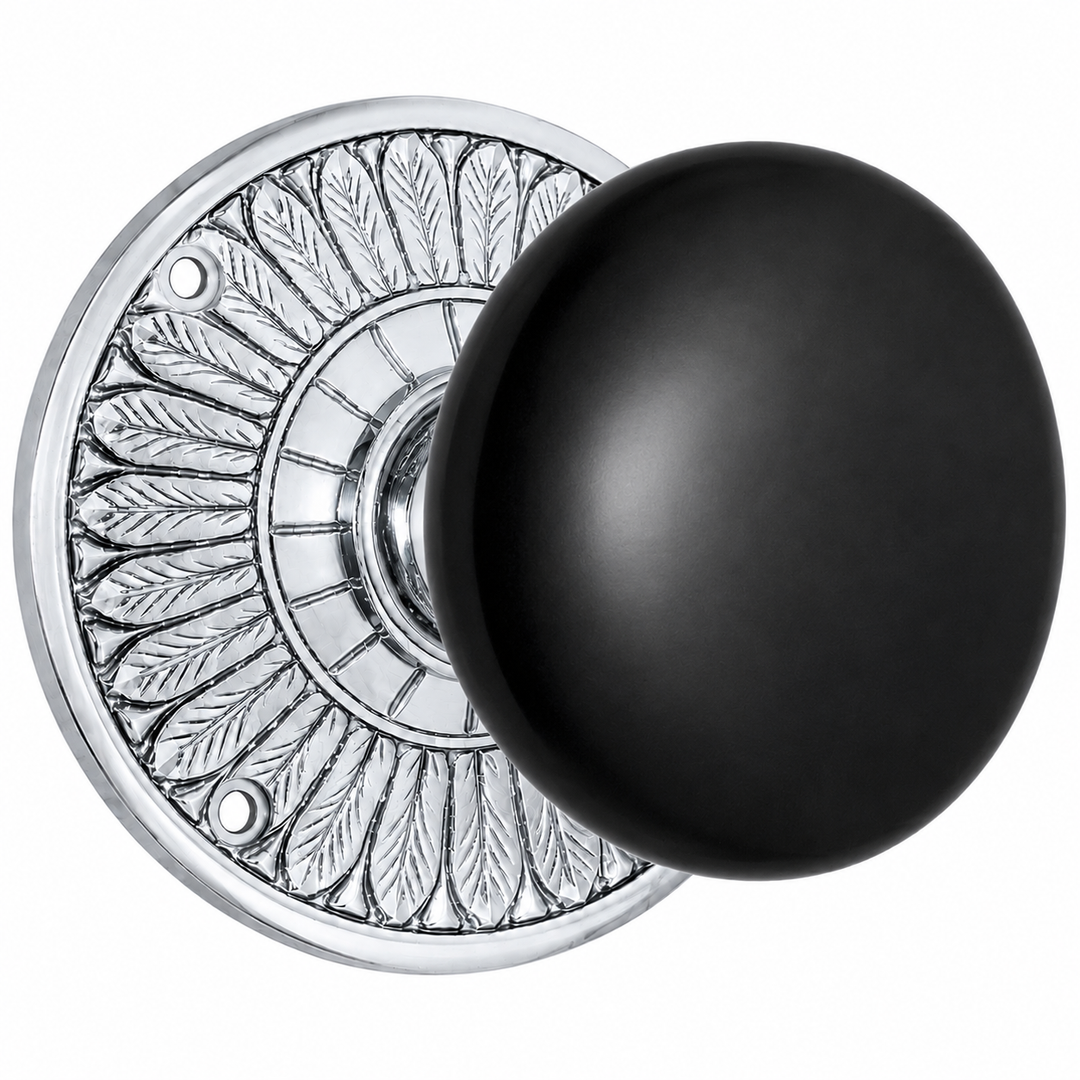 Feather Rosette Door Set with Black Porcelain Door Knobs (Several Finishes Available)