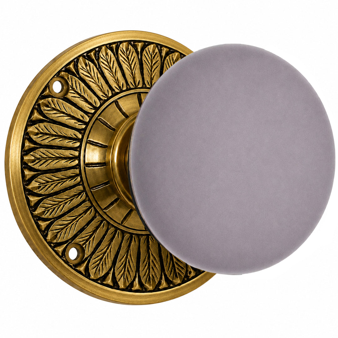 Grey Porcelain Door Knob with Brass Feathers Rosette