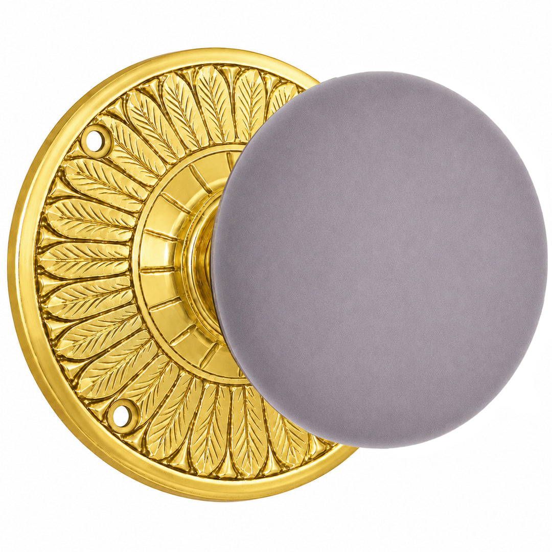 Grey Porcelain Door Knob with Brass Feathers Rosette