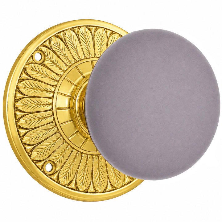 Grey Porcelain Door Knob with Brass Feathers Rosette