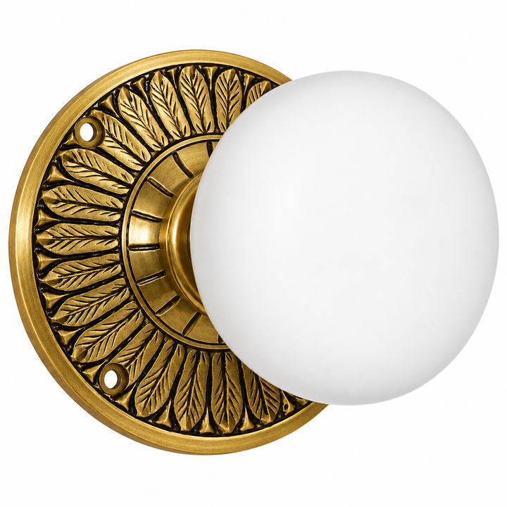 Feather Rosette Door Set with White Porcelain Door Knobs (Several Finishes Available)