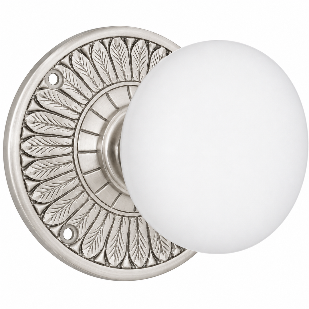 Feather Rosette Door Set with White Porcelain Door Knobs (Several Finishes Available)