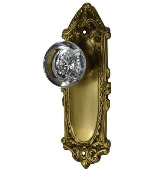 Ornate Victorian Long Backplate Door Set with Crystal Round Door Knobs (Several Finishes Available) COPPER MOUNTAIN HARDWARE