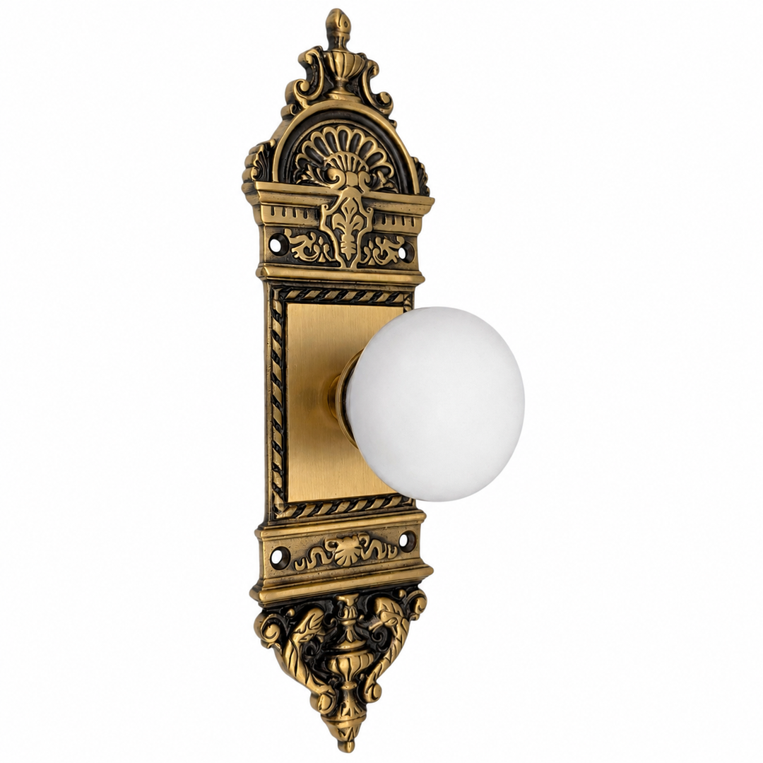 L'Enfant Small Backplate Door Set with White Porcelain Door Knobs (Several Finishes Available)