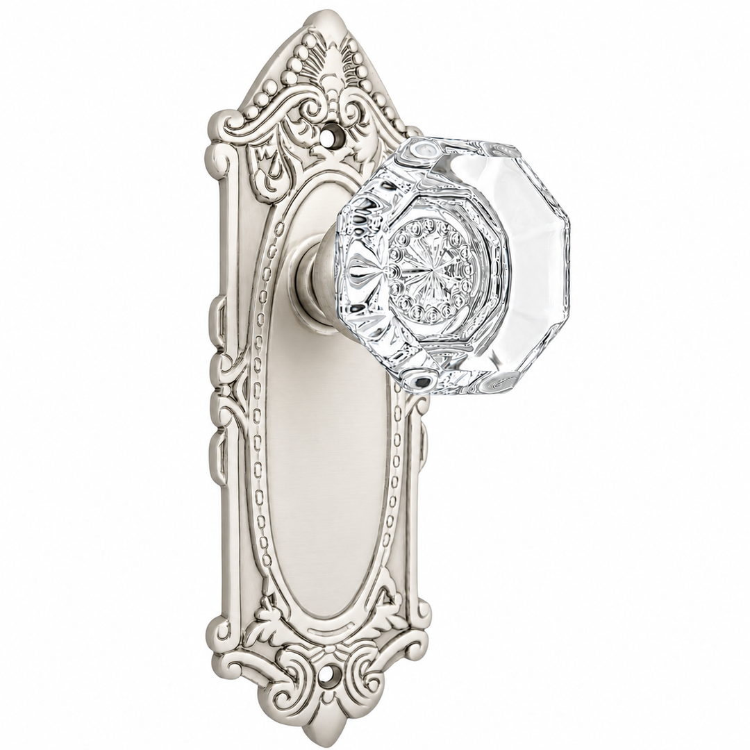 Ornate Victorian Long Backplate Door Set with Crystal Octagon Door Knobs (Several Finishes Available)