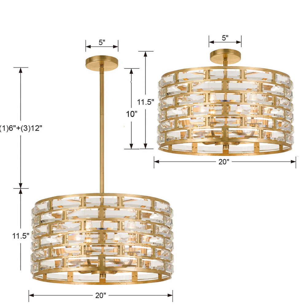 Meridian 6 Light Antique Gold Semi Flush Mount Crystorama