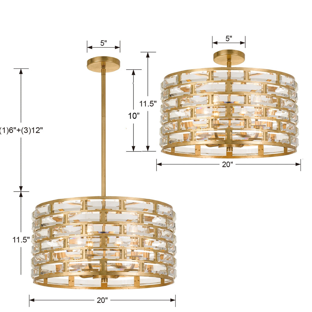 Meridian 6 Light Antique Gold Semi Flush Mount Crystorama