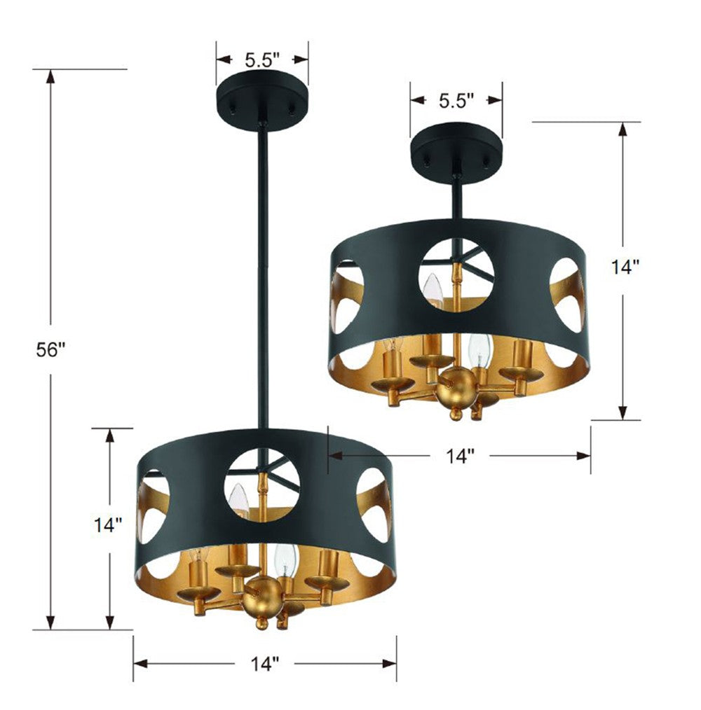 Odelle 4 Light Black + Antique Gold Semi Flush Mount Crystorama