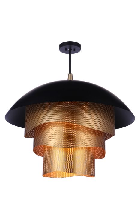 ##Antique Hardware## 31.25” Diameter Sculptural Statement Dome Pendant with Perforated Metal Shades in Flat Black/Matte Gold