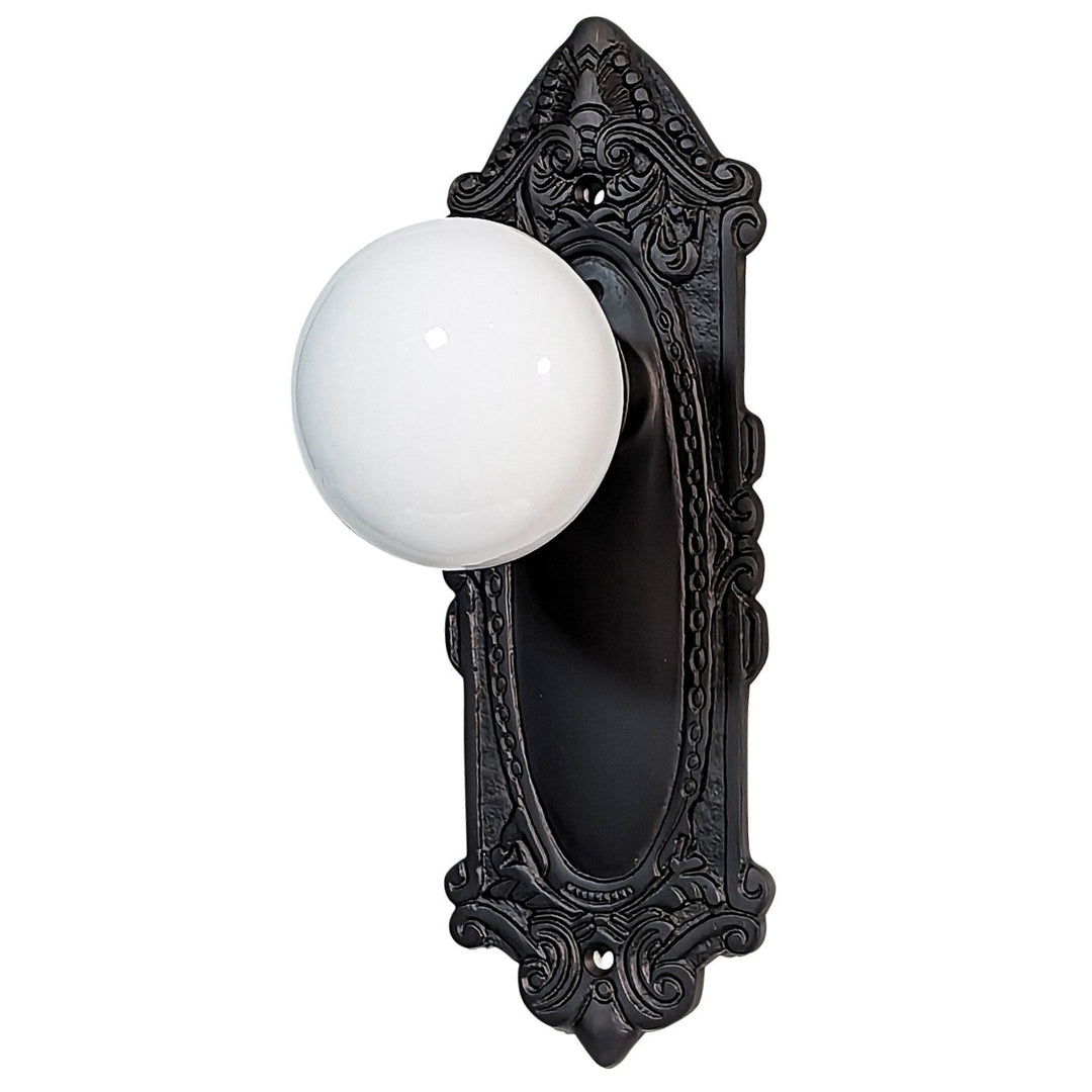 Ornate Victorian Long Backplate Door Set with White Porcelain Door Knobs (Several Finishes Available) COPPER MOUNTAIN HARDWARE