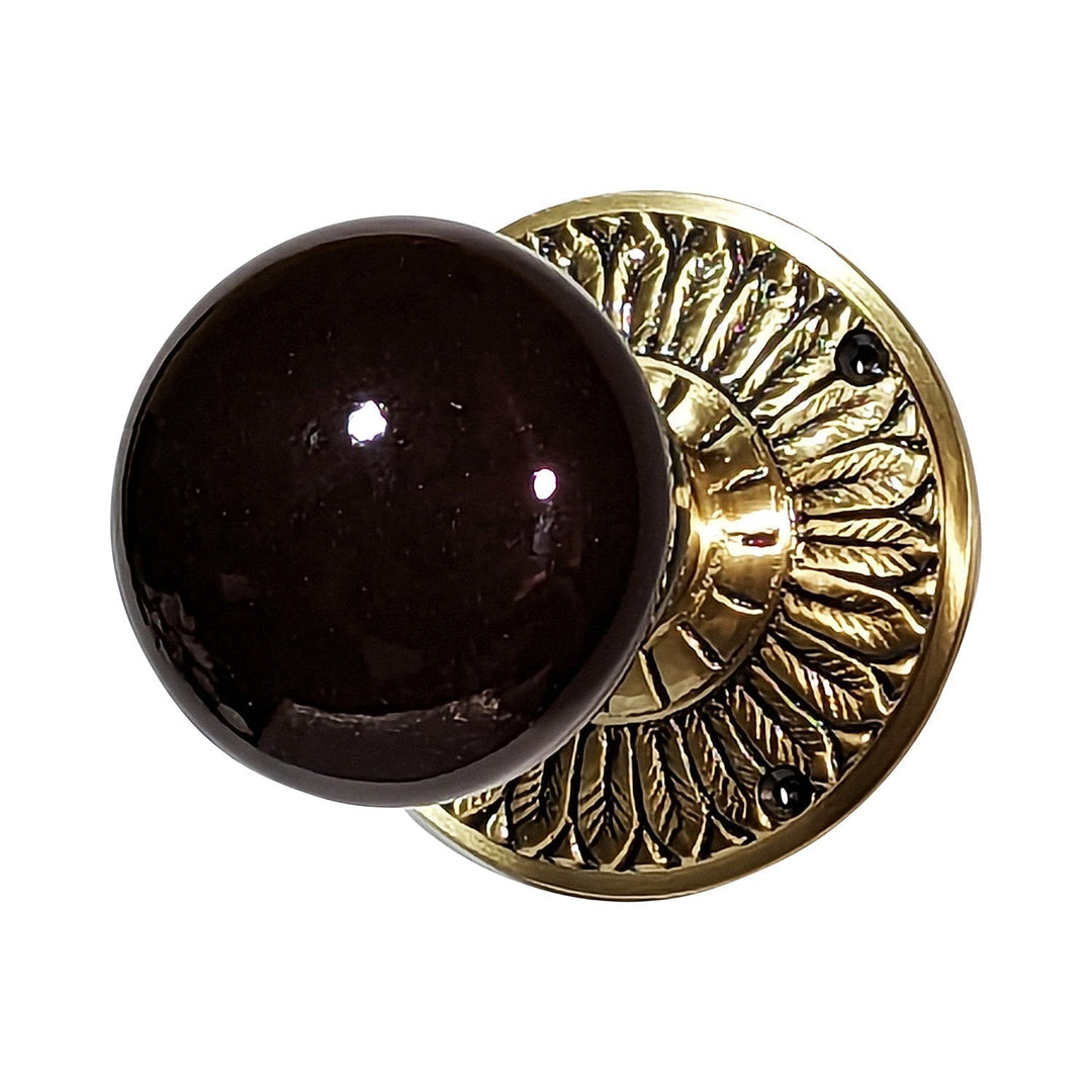 Brown Porcelain Door Knob with Brass Feathers Rosette COPPER MOUNTAIN HARDWARE