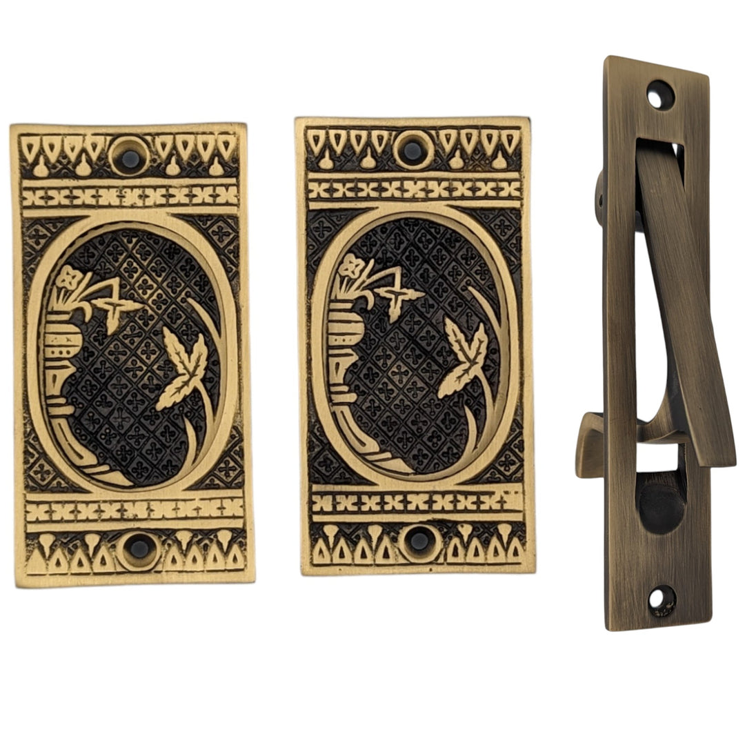 COPPER MOUNTAIN HARDWARE Broken Leaf Pattern Pocket Door Set in Several Finishes