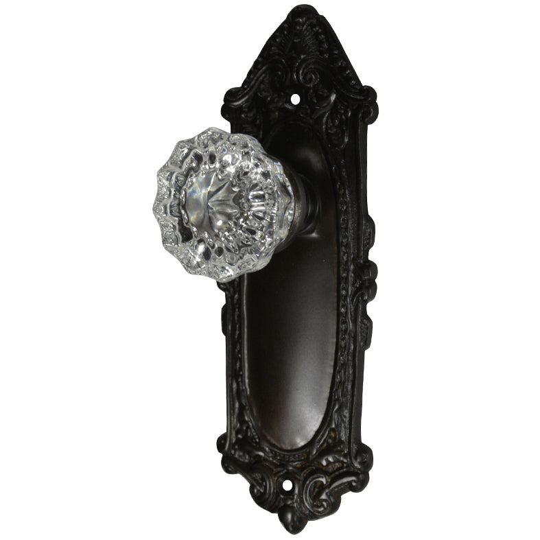 Ornate Victorian Long Backplate Door Set with Crystal Fluted Door Knobs (Several Finishes Available) COPPER MOUNTAIN HARDWARE