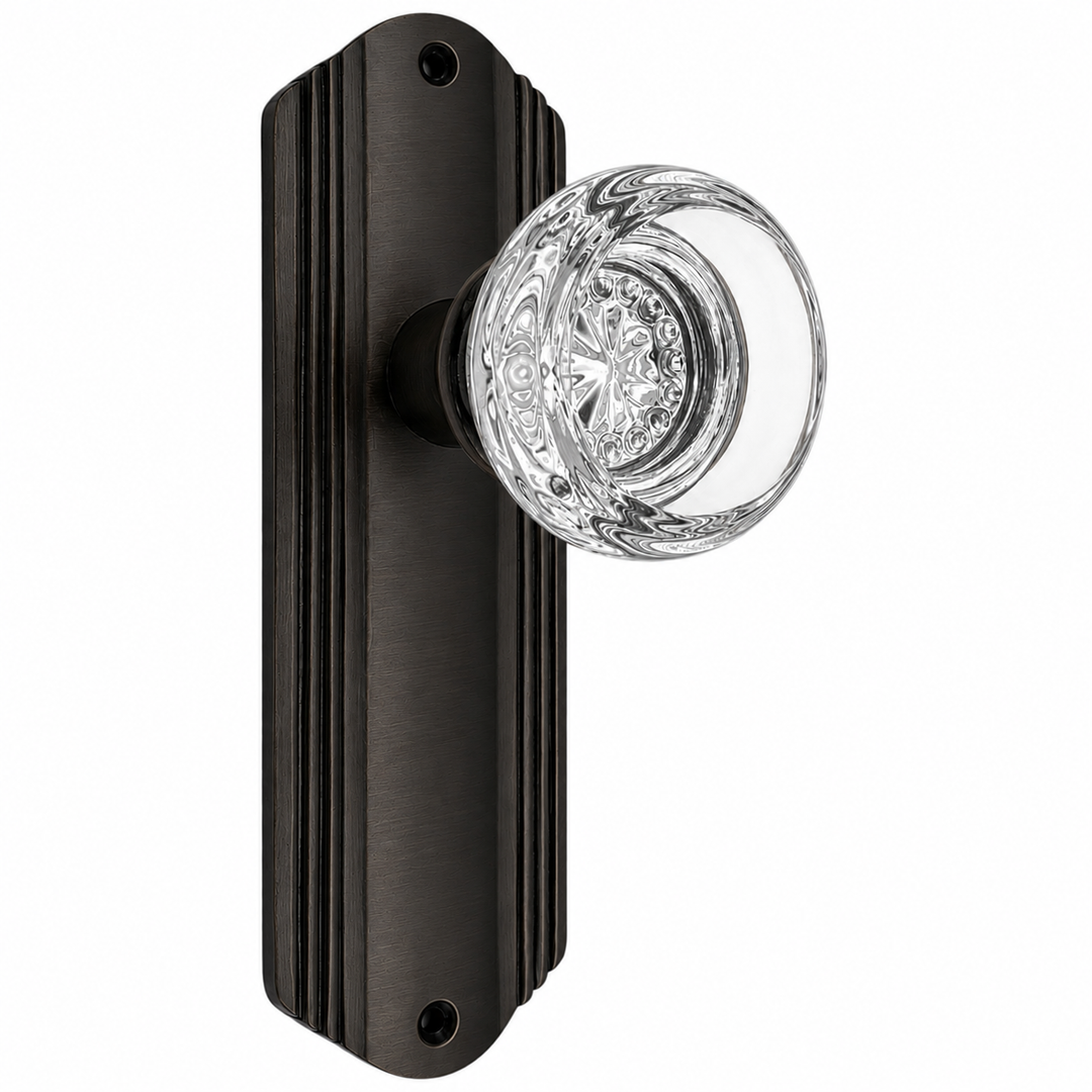 Art Deco Long Backplate Door Set with Round Crystal Door Knobs (Several Finishes Available)
