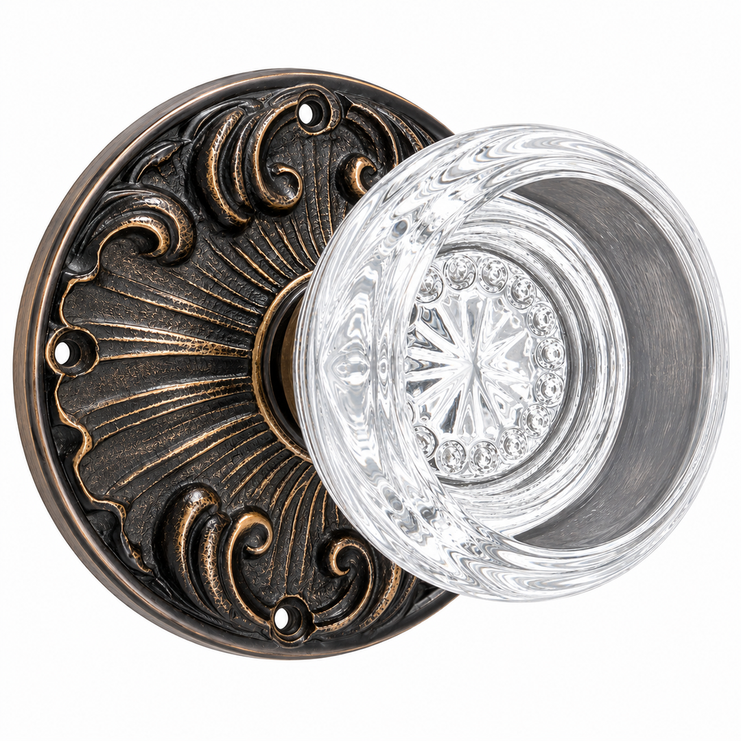 Romanesque Rosette Door Knob Set with Round Crystal Door Knobs (Several Finishes Available)
