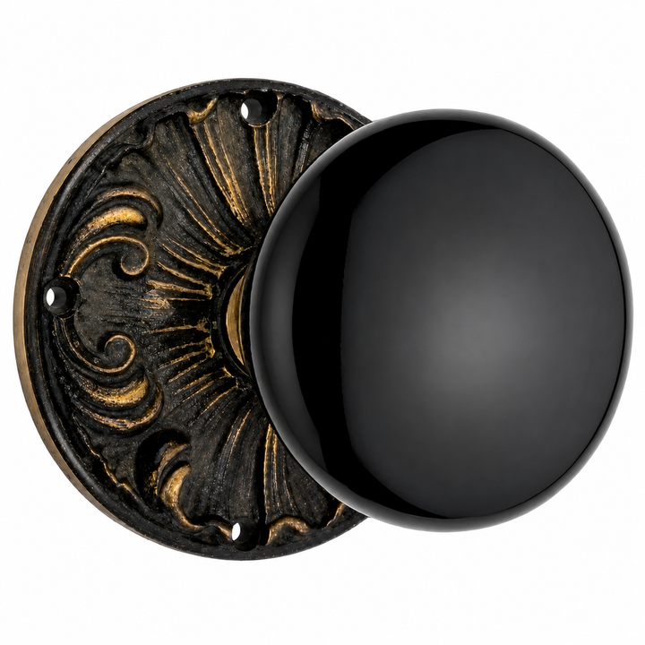 Black Porcelain Door Knob Set with Romanesque Rosette
