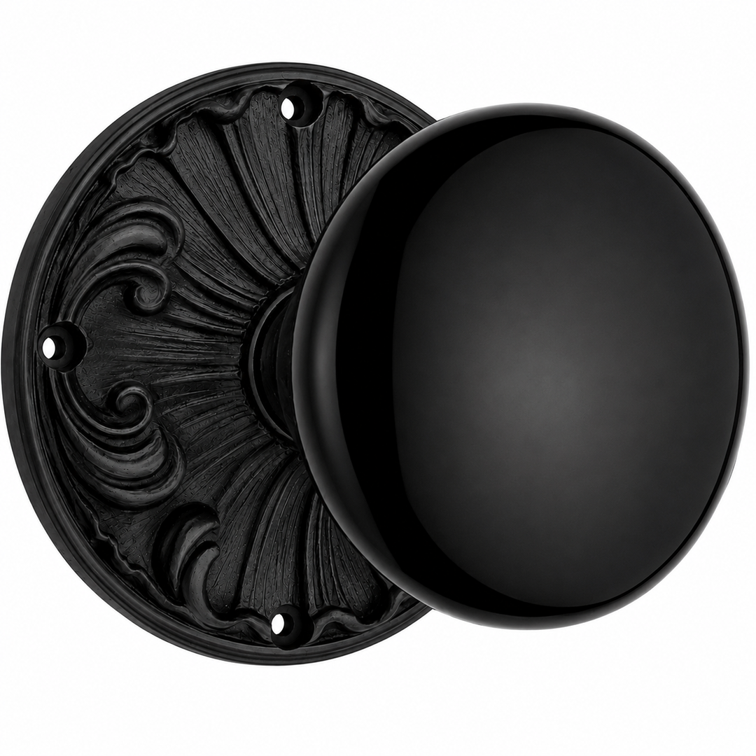 Black Porcelain Door Knob Set with Romanesque Rosette