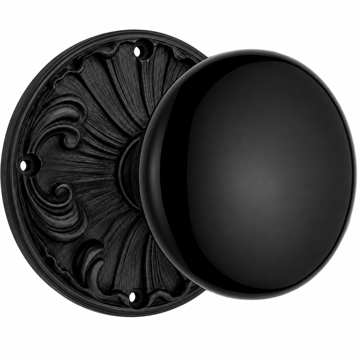 Black Porcelain Door Knob Set with Romanesque Rosette