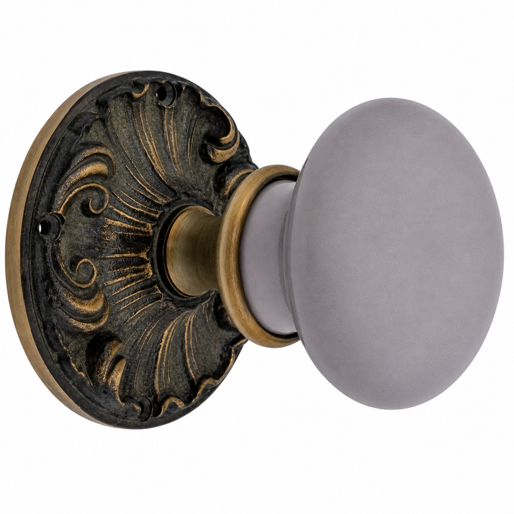 Grey Porcelain Door Knob Set with Romanesque Rosette