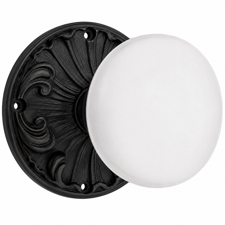 Romanesque Rosette Door Sets with White Porcelain Door Knobs (Several Finishes Available)