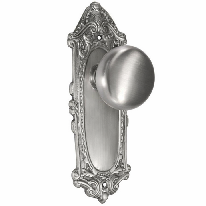 Round Solid Brass Doorknob with Ornate Victorian Backplate (Several Finishes Available)