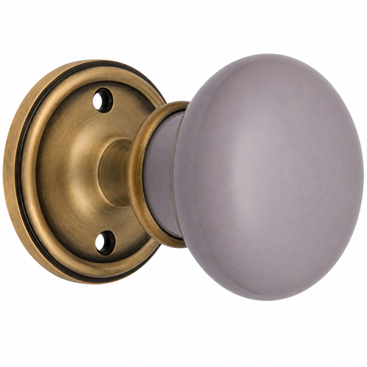 Gray Porcelain Door Knob Set – Traditional Rosette – Solid Brass Base – Multiple Finishes