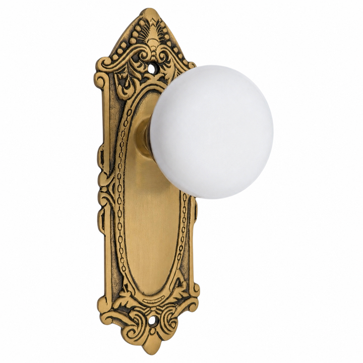 Ornate Victorian Long Backplate Door Set with White Porcelain Door Knobs (Several Finishes Available)
