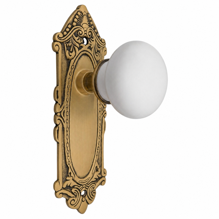 Ornate Victorian Long Backplate Door Set with White Porcelain Door Knobs (Several Finishes Available)