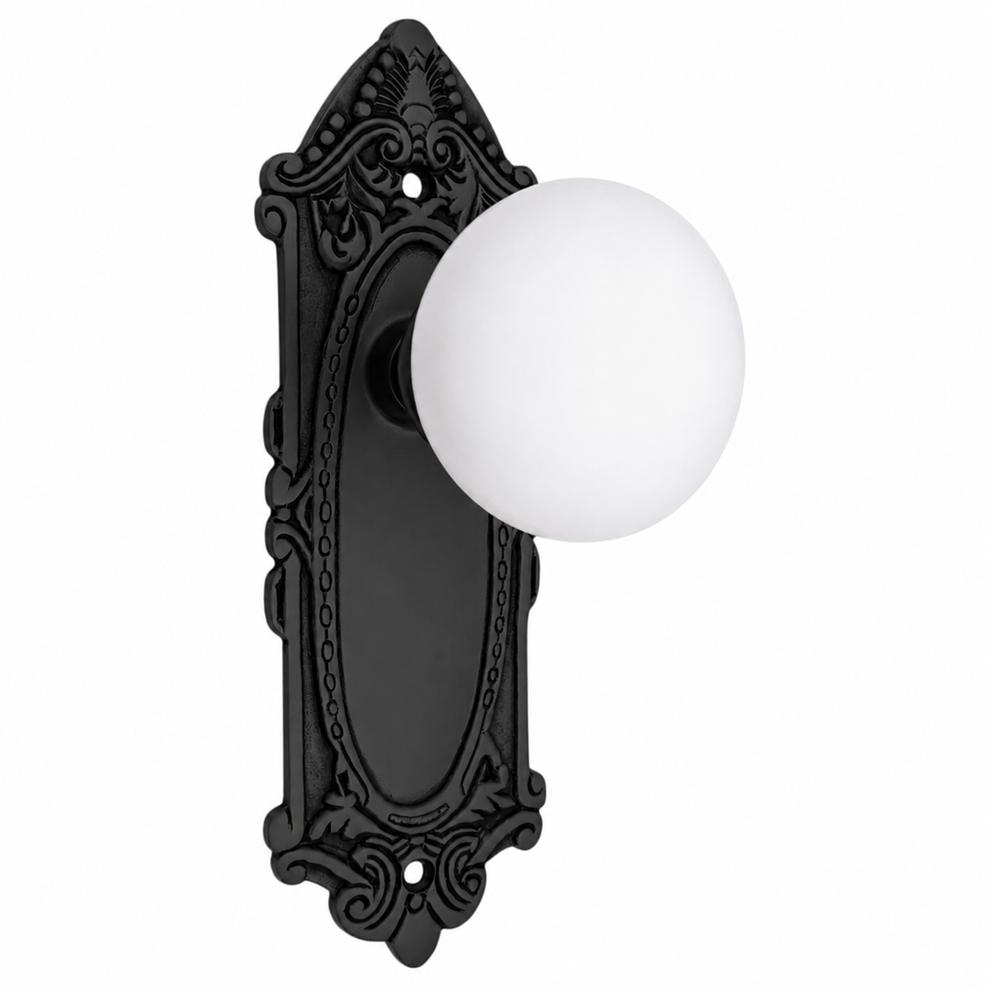 Ornate Victorian Long Backplate Door Set with White Porcelain Door Knobs (Several Finishes Available)