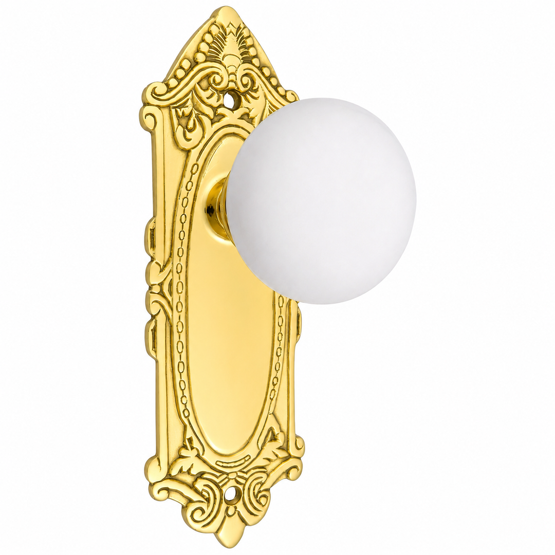Ornate Victorian Long Backplate Door Set with White Porcelain Door Knobs (Several Finishes Available)