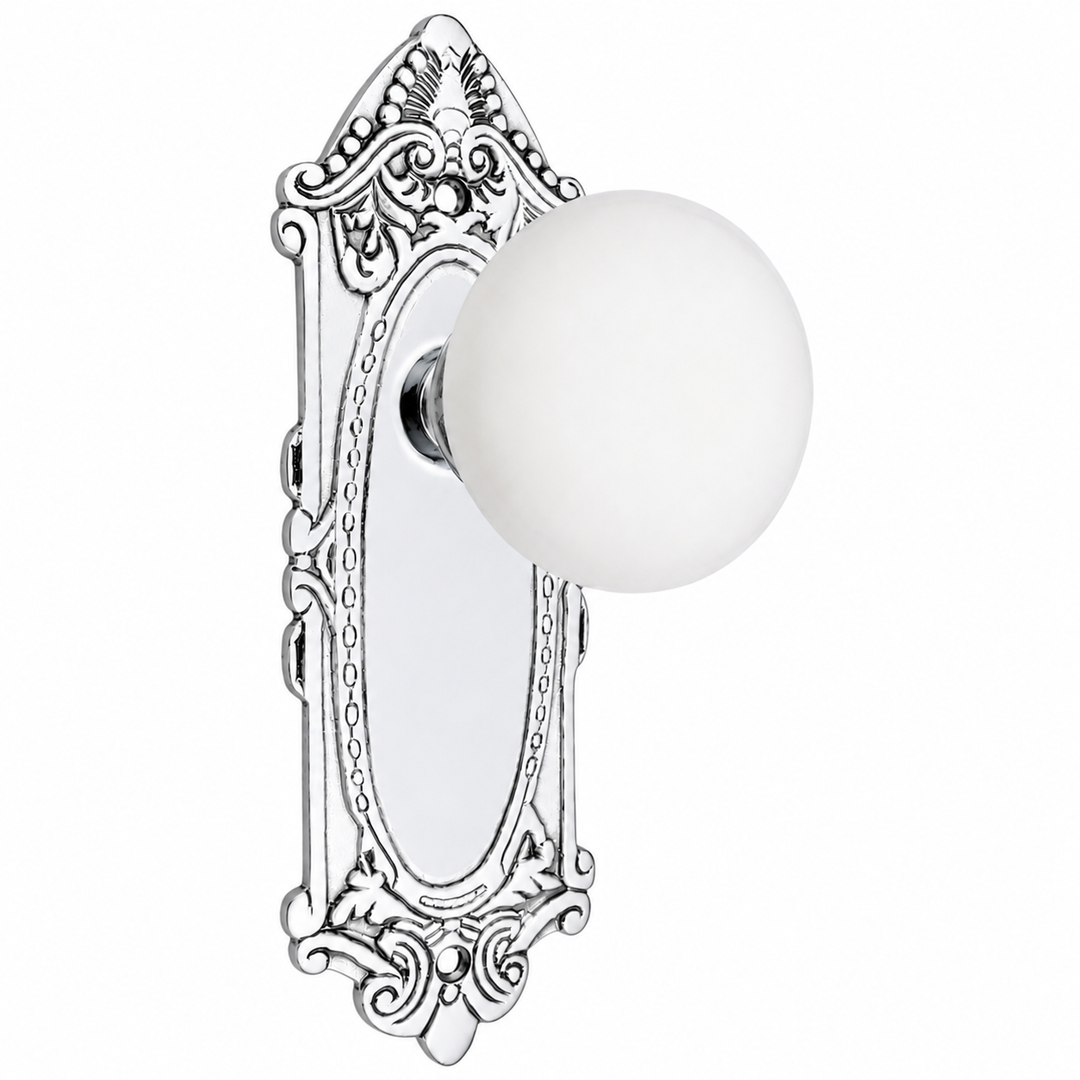 Ornate Victorian Long Backplate Door Set with White Porcelain Door Knobs (Several Finishes Available)