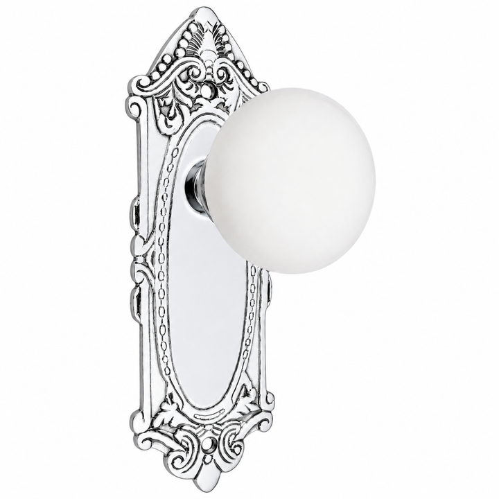 Ornate Victorian Long Backplate Door Set with White Porcelain Door Knobs (Several Finishes Available)