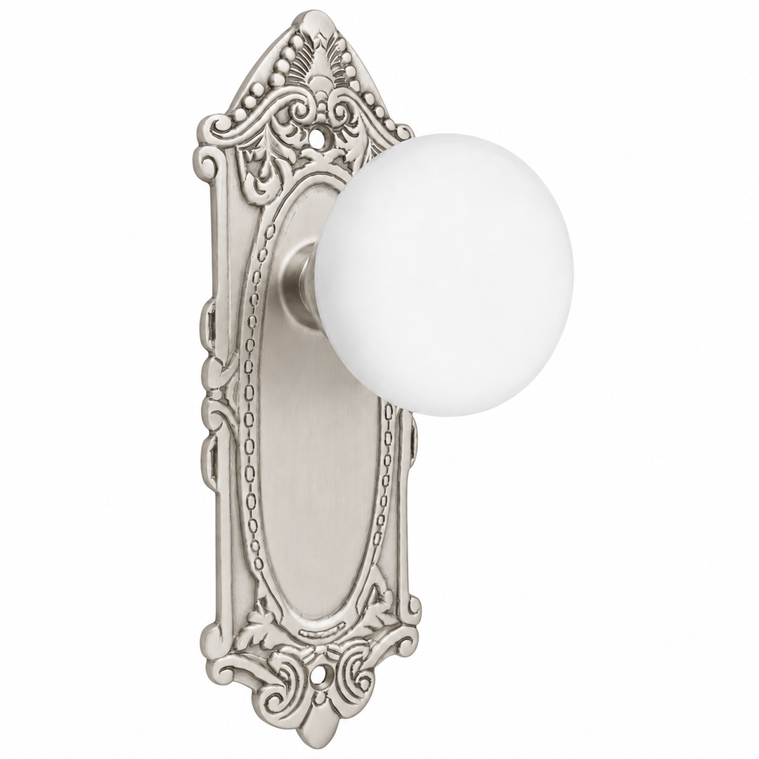 Ornate Victorian Long Backplate Door Set with White Porcelain Door Knobs (Several Finishes Available)