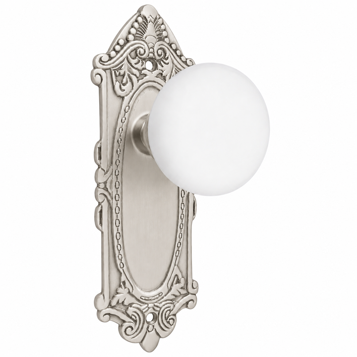 Ornate Victorian Long Backplate Door Set with White Porcelain Door Knobs (Several Finishes Available)