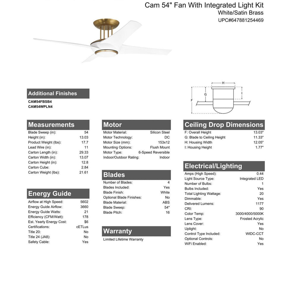 54" Cam in White/Satin Brass w/ White Blades CRAFTMADE