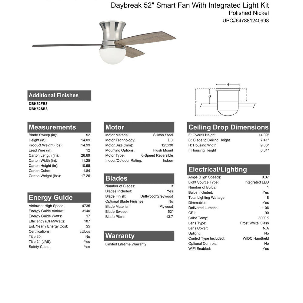 52" Daybreak in Polished Nickel w/ Driftwood/Greywood Blades CRAFTMADE