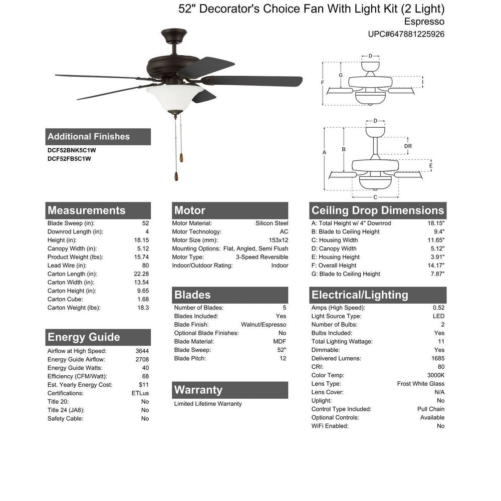 52" Decorator's Choice 2 Light in Espresso w/ Walnut/Espresso Blades CRAFTMADE