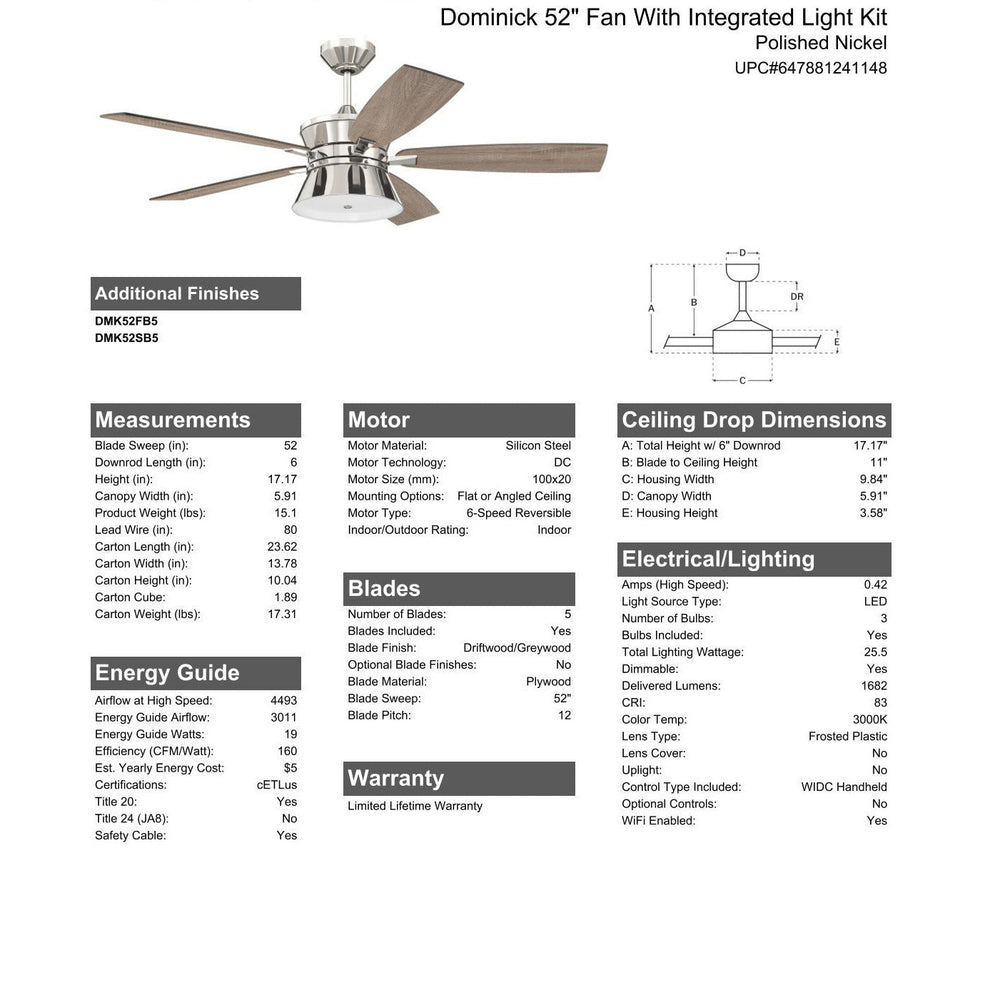 52" Dominick in Polished Nickel w/ Driftwood/Greywood Blades CRAFTMADE