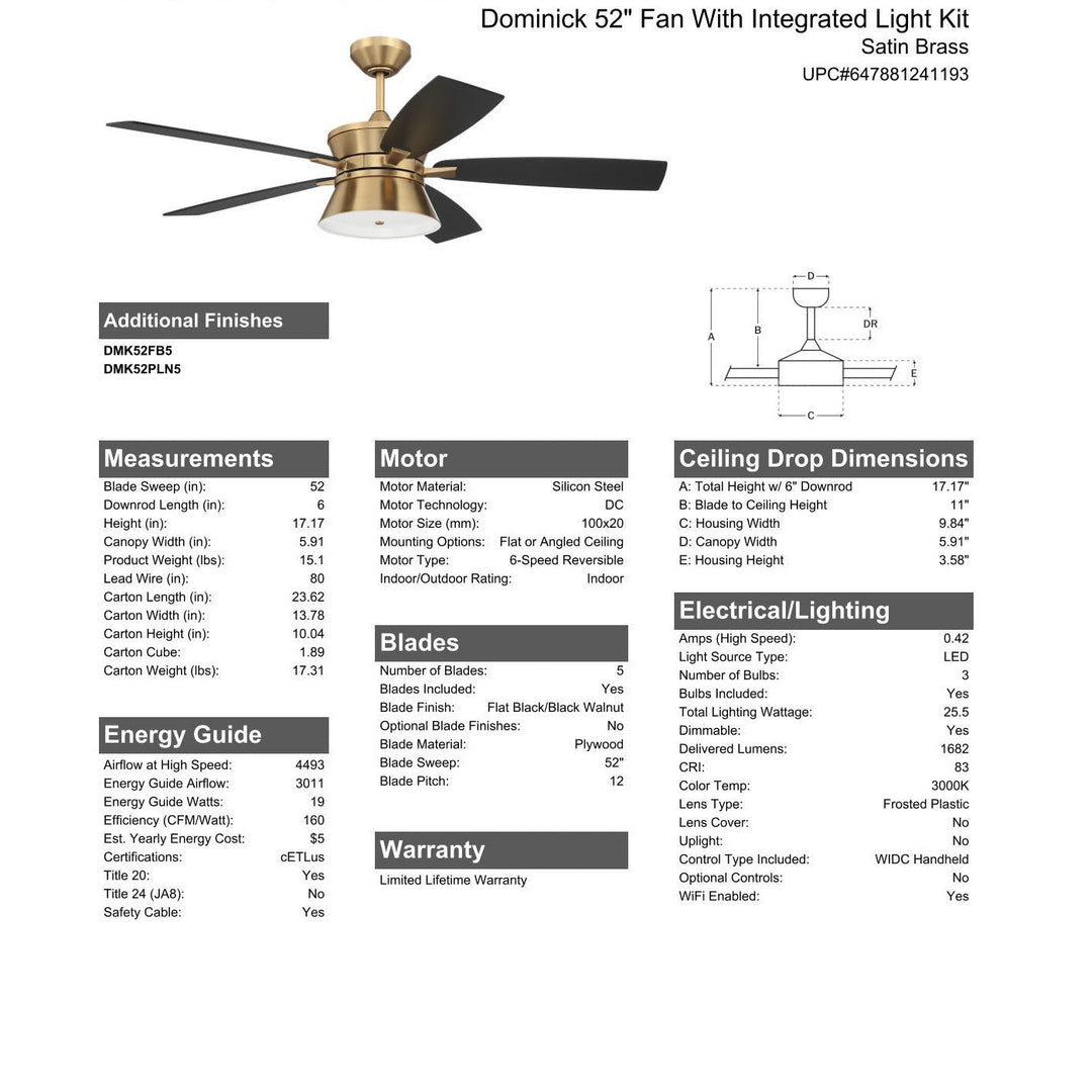 52" Dominick in Satin Brass w/ Flat Black/Black Walnut Blades CRAFTMADE