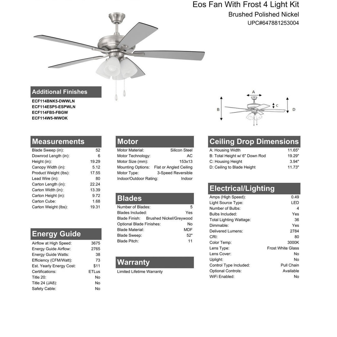 52" Eos Frost 4 Light in Brushed Polished Nickel w/ Brushed Nickel/Greywood Blades CRAFTMADE