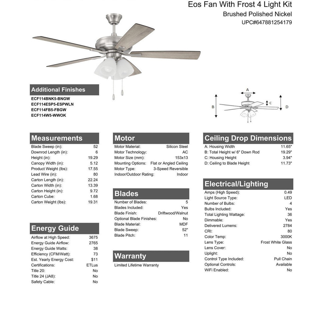 52" Eos Frost 4 Light in Brushed Polished Nickel w/ Driftwood/Walnut Blades CRAFTMADE