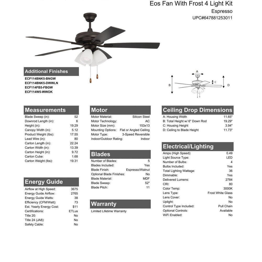 52" Eos Frost 4 Light in Espresso w/ Espresso/Walnut Blades CRAFTMADE