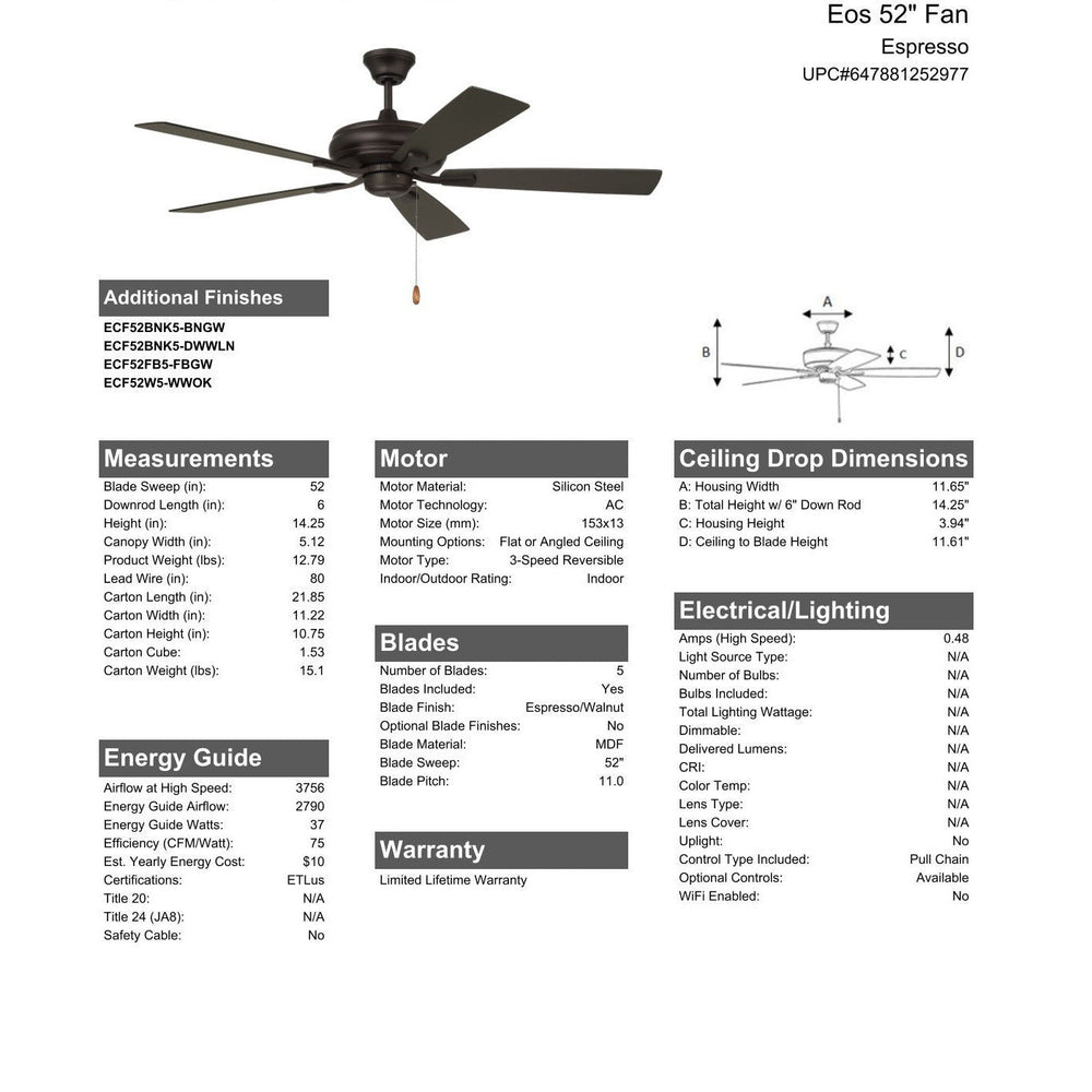 52" Eos in Espresso w/ Espresso/Walnut Blades CRAFTMADE