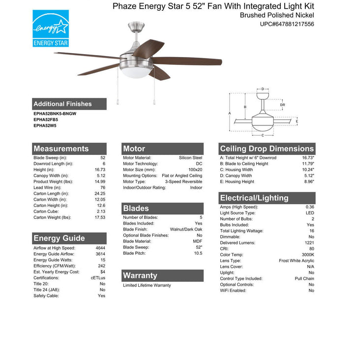 52" Phaze Energy Star 5 in Brushed Polished Nickel w/ Walnut/Dark Oak Blades CRAFTMADE