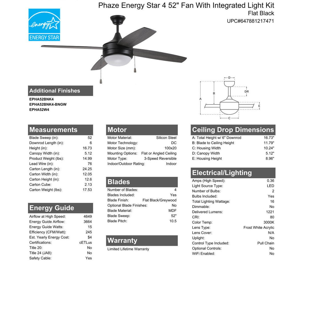 52" Phaze Energy Star 4 in Flat Black w/ Flat Black/Greywood Blades CRAFTMADE