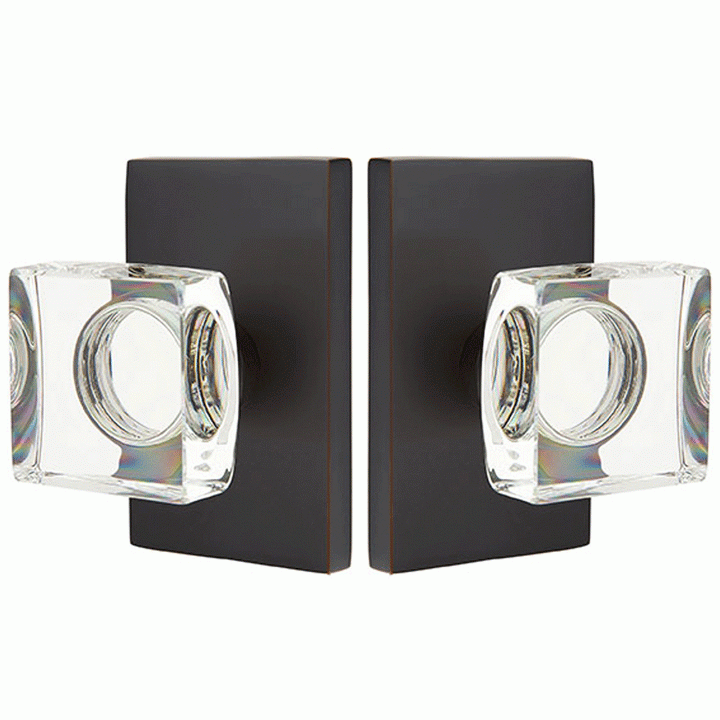 Emtek Modern Square Crystal Door Knob Set With Modern Rectangular Rosette (Several Finish Options) EMTEK