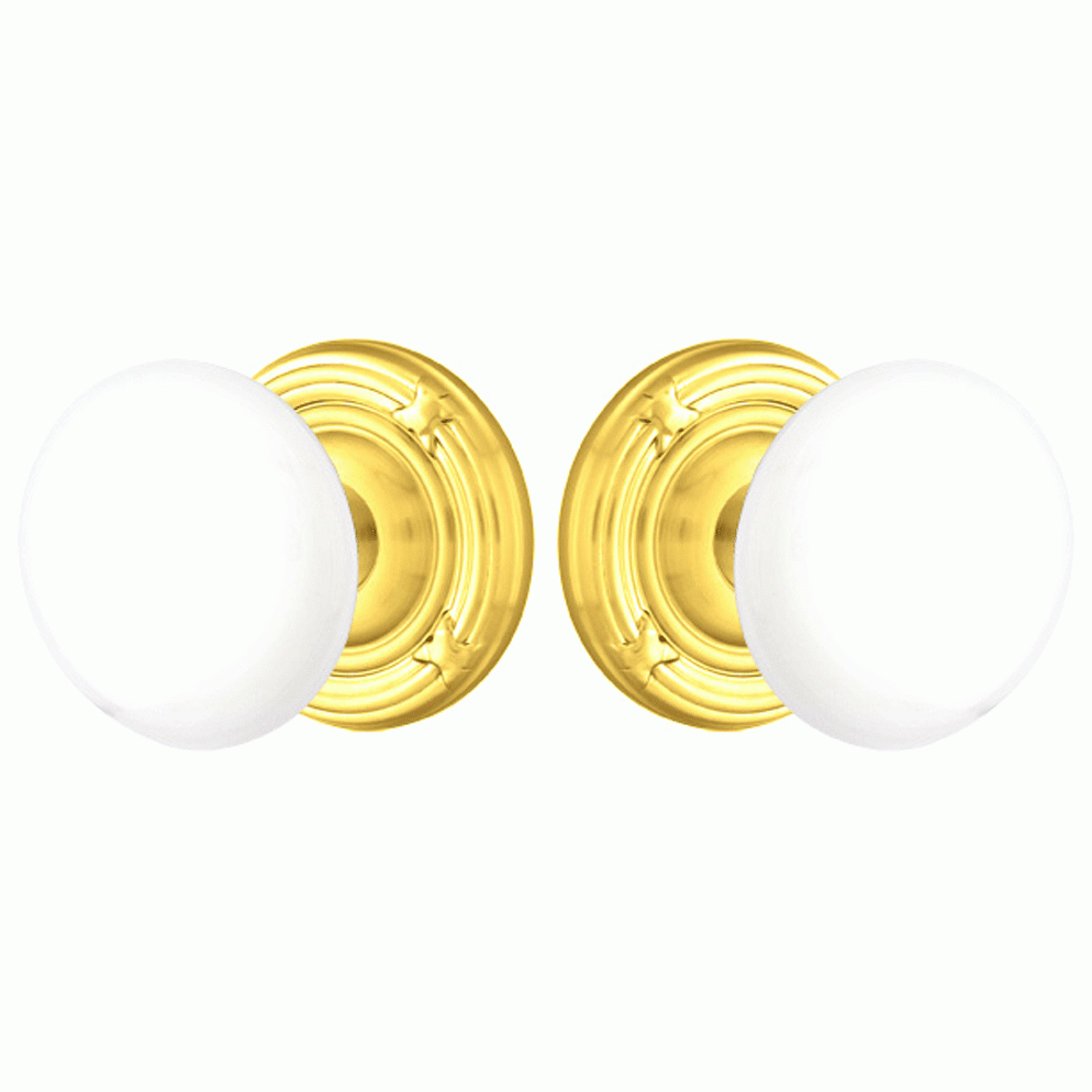 Ice White Porcelain Door Knob Set With Ribbon & Reed Rosette (Several Finish Options) EMTEK