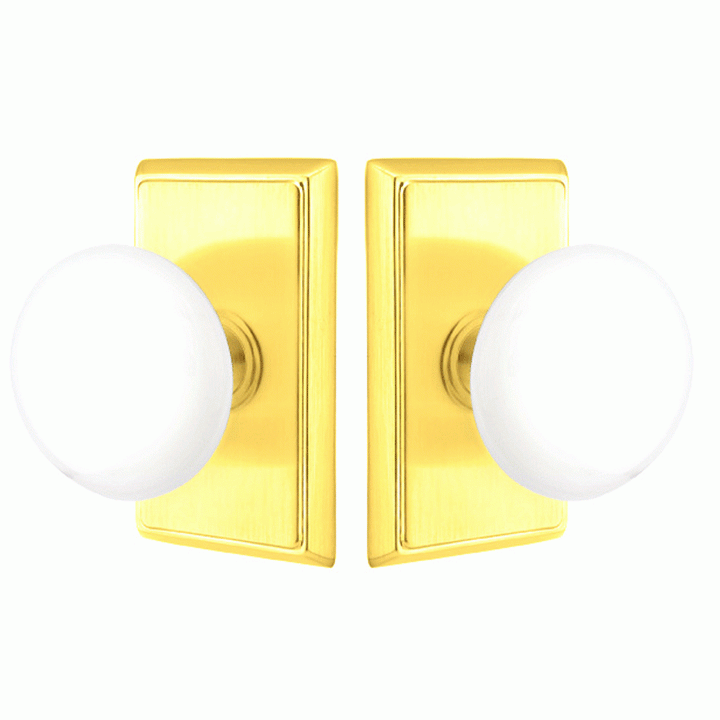 Ice White Porcelain Door Knob Set With Rectangular Rosette (Several Finish Options) EMTEK